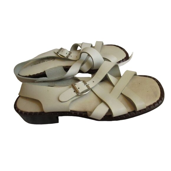 sz 5 Vintage Womens Italian White Leather Strappy Sandals With Buckle & Low Heel - Picture 2 of 13